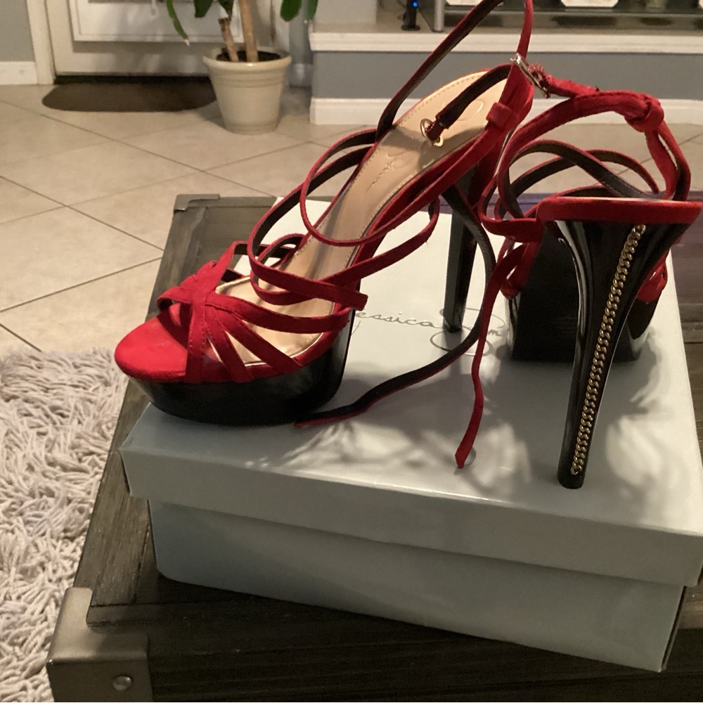Jessica Simpson heels suede ;red with gold trim on the heels ;brand new size 10